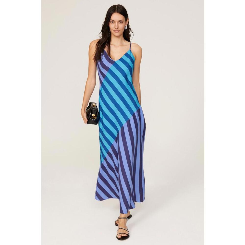 Blue Multi-Stripe V-Neck Slip Maxi Dress